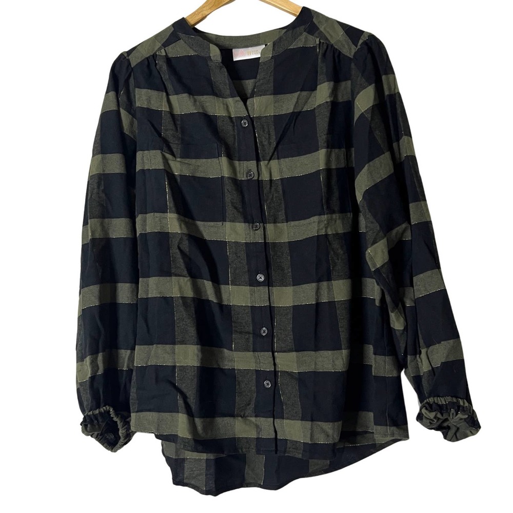 BELLE by Kim Gravel Time to Shine Plaid Button Front Top Loden Black S